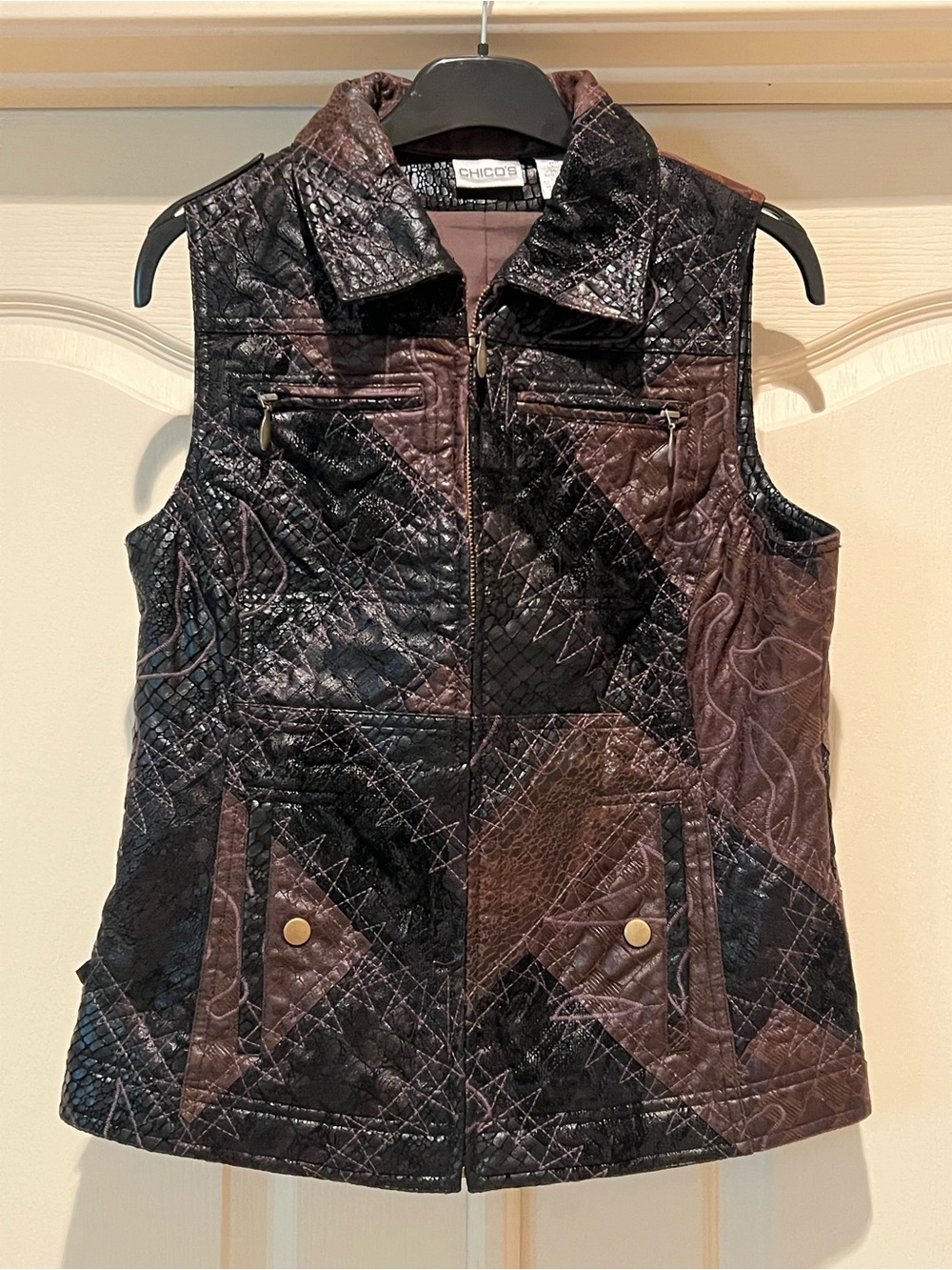Chico's Vest in Black & Brown Faux Leather-Look